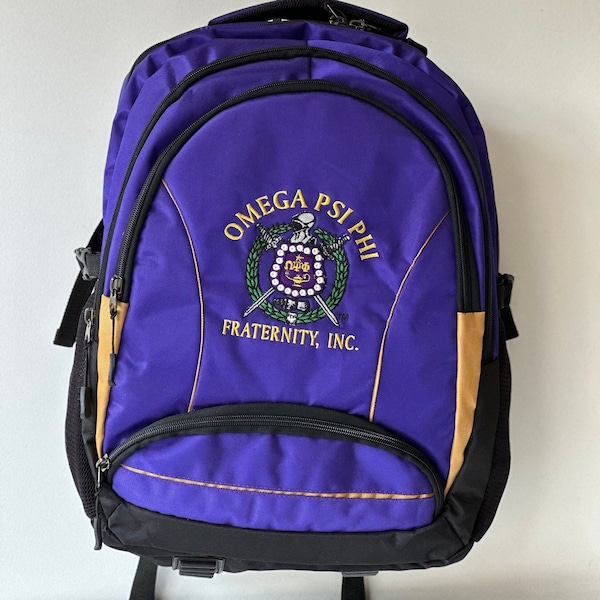 Omega Psi Phi (ΩΨΦ) Fraternity, Purple & gold Stylish, Polyester Fabric Coated College Backpack with laptop sleeves For Men, Made in India.