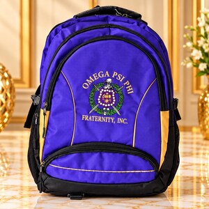 Omega Psi Phi Backpack: Purple & Gold Polyester Laptop Bag