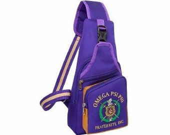 Omega Psi Phi (ΩΨΦ) Fraternity, single Shoulder Crossbody Sling/Shoulder bag with USB Port, Embroidered Organizational Shield in Front
