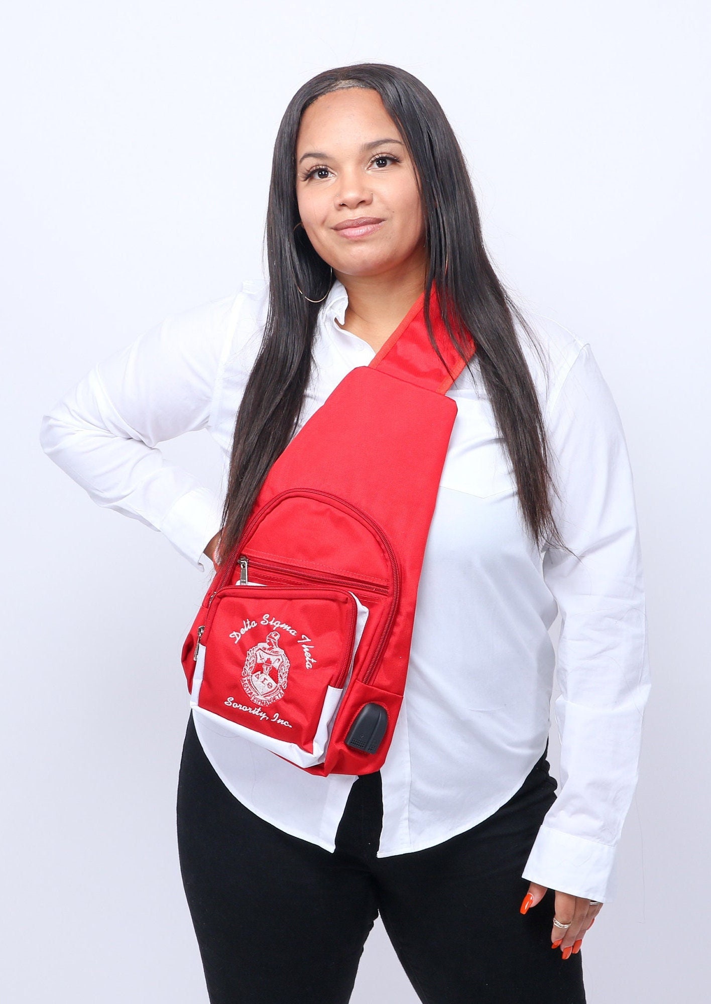 Delta Sigma Theta Black red 1 Shoulder Crossbody Sling shoulder Bag With USB Port embroidered Organizational Shield in Front made in India. Etsy
