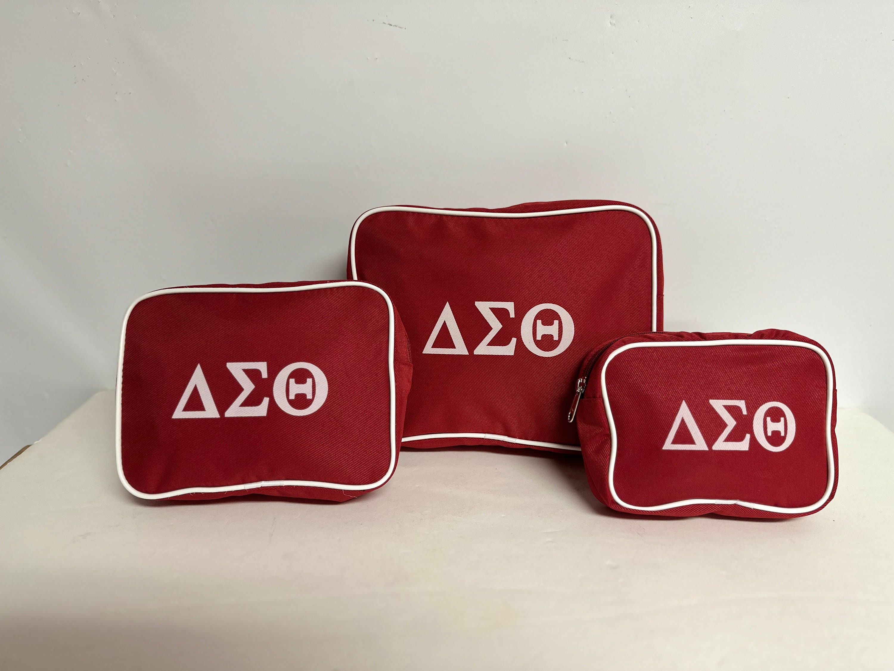 Delta Sigma Theta (DST) Red Cosmetic Bag Set Makeup Organizer Travel Kit Polyester PVC Coated 3 Piece Set