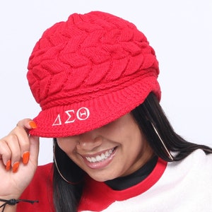 Delta Sigma Theta (ΔΣΘ) Sorority Red and Black color Acrylic woolen Cap/Winter hat with Greek letters on it, Reusable & Washable