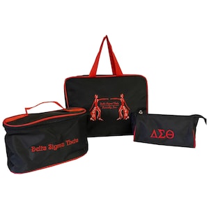 Delta Sigma Theta (DST) Red & Black Cosmetic Bag Set Makeup Organizer Travel Kit Polyester PVC Coated 3 Piece Set, Made in India.
