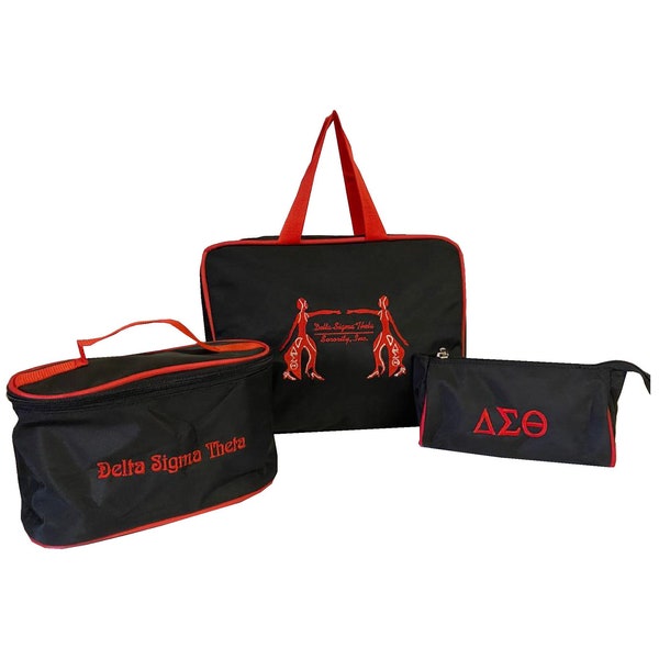 Delta Sigma Theta (DST) Red & Black Cosmetic Bag Set Makeup Organizer Travel Kit Polyester PVC Coated 3 Piece Set, Made in India.