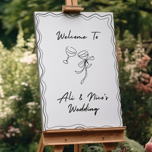 Editable Vintage Handwritten Wedding Welcome Sign Template, Minimalist, Unique, Elegant, hand drawn image, Wavy boarder, Canva Template