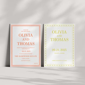 May include: Two wedding invitations with white backgrounds. One has a red border and text, the other has a yellow border and text. Both read "Olivia and Thomas" and the date "09.21.2025".