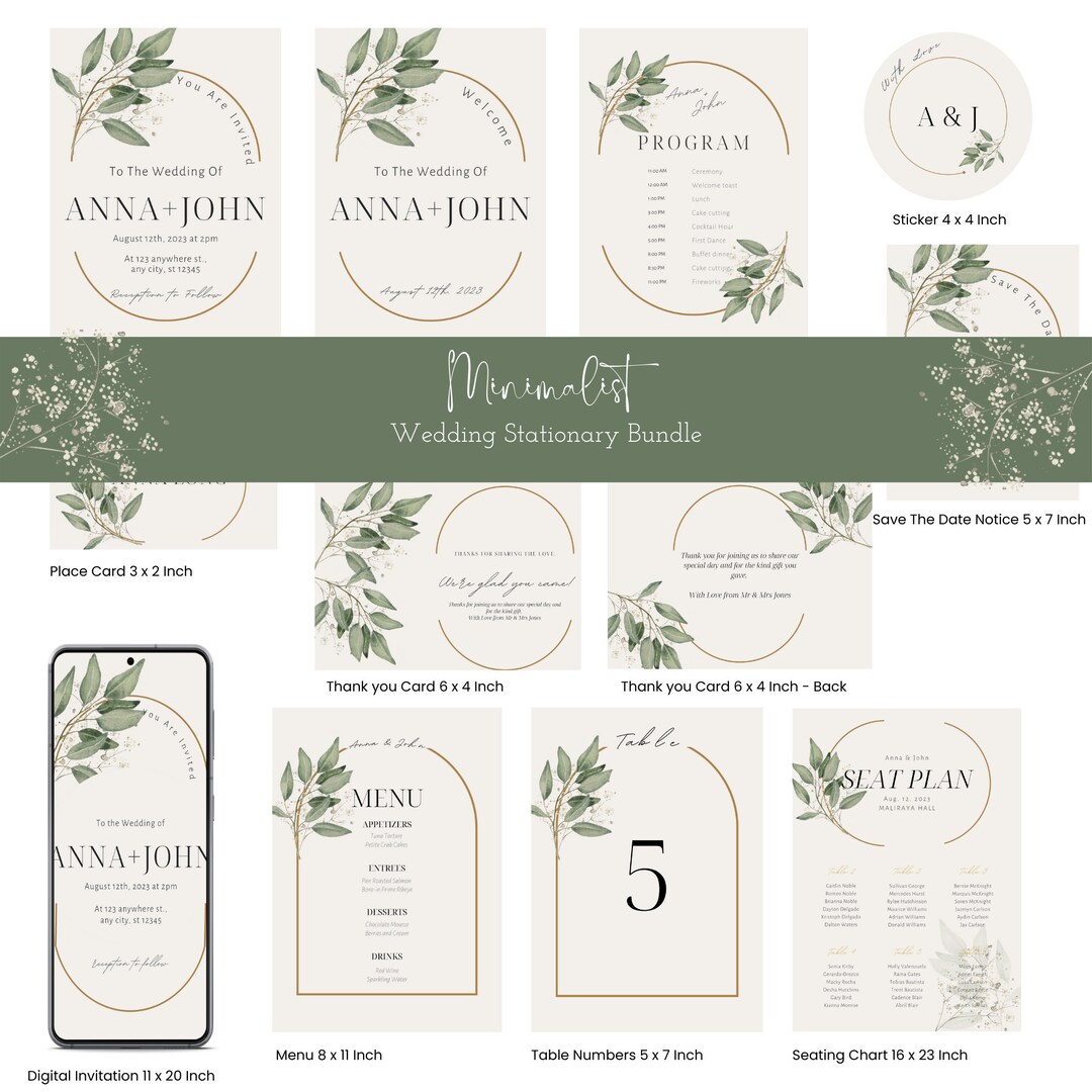 Printable Wedding Stationary Template Bundle Minimalist - Etsy