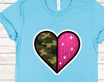 T-shirt Camo Glam Heart, shirt Dependa, shirts legervrouw, shirt marineblauw vriendin, echtgenoot luchtmacht, vriendin marine, shirt militaire vrouw