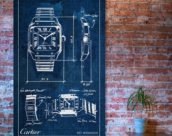 Cartier Santos Medium Artwork Blueprint Style