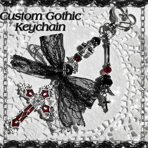 Gothic Vampire Cross Keychain – Red Black Charm Keychain with Lace Bow – Alt Spooky Aesthetic Bag Charm for Witches & Goth Girls Customize