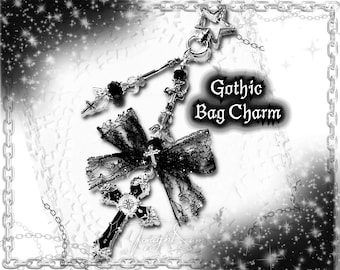 Gothic Cross Keychain: Black Lace Bow, Vampirecore Alt Bag Charm