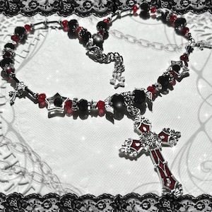 Gothic Vampire Cross Necklace: Red & Black Beaded Choker, Custom Pendant