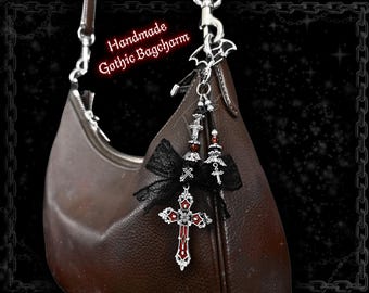 Gothic Cross Bag Charm, Red Black Crystal Beads, Lace Bow, Handmade Alt Accessory