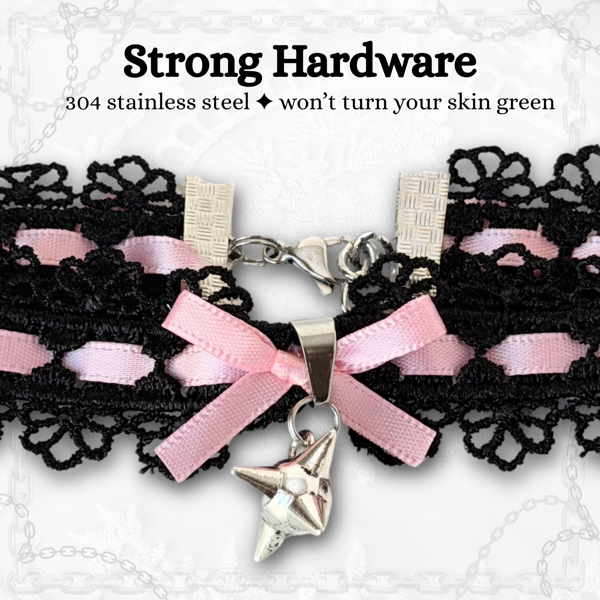 Black Lace Choker With Pink Bow and Spike Charm, Gothic Kawaii Jewelry ...