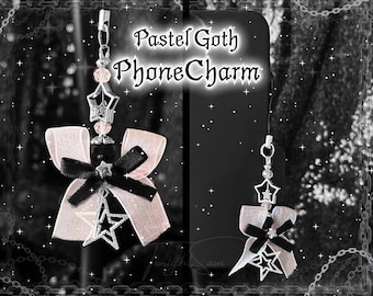 Accesorio para teléfono con estrella gótica, lazo rosa pastel, estilo alternativo Y2K