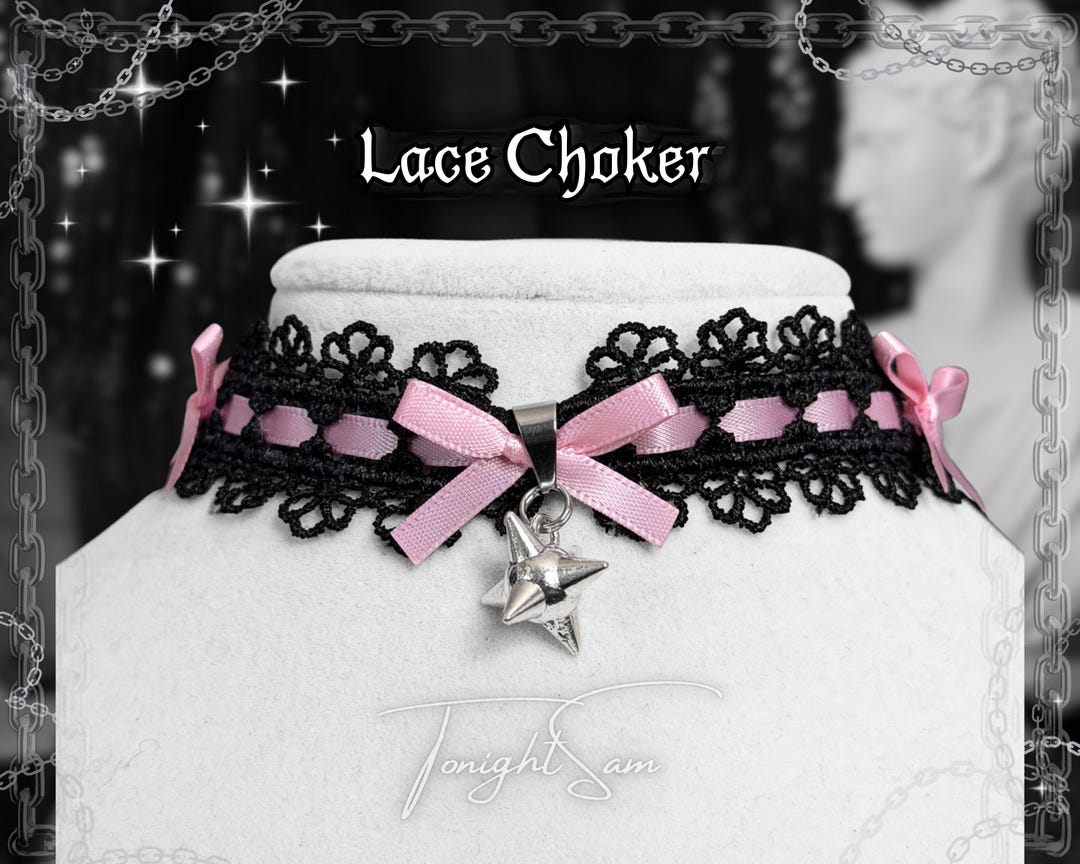 Black Lace Choker With Pink Bow and Spike Charm, Gothic Kawaii Jewelry ...