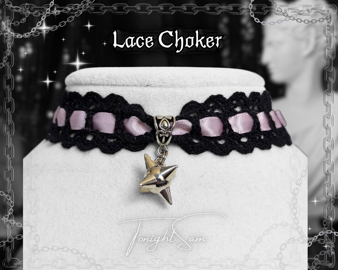 Black Lace Choker Necklace, Pink Bow Spike Charm, Kawaii Alt Gothic ...