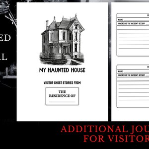 May include: A black and white illustration of a haunted house with the text "My Haunted House" and "Visitor Ghost Stories from The Residence of" on a white background. Two blank forms are included for visitors to record their ghost sightings.