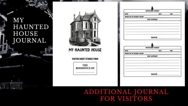 May include: A black and white illustration of a haunted house with the text "My Haunted House" and "Visitor Ghost Stories from The Residence of" on a white background. Two blank forms are included for visitors to record their ghost sightings.