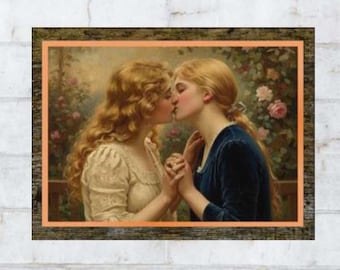 Póster de pared, beso lésbico, mural sáfico, vintage, obra de arte romántica.