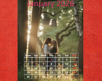 Calendario 2026, Besos Lésbicos, Imprimible en Formato A4