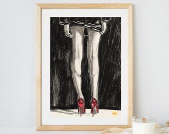 Original pencil drawing – Female legs in a miniskirt and red heels – wall art – Black and white art print