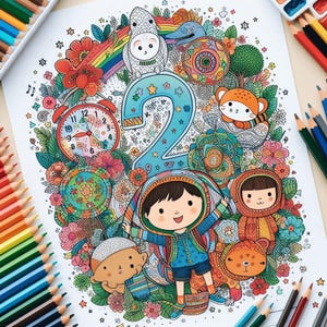 Può includere: Illustrazione colorata con il numero 2 al centro, circondata da fiori, animali e bambini. Sono presenti anche un arcobaleno, un gufo e una tigre. Matite colorate e acquerelli sullo sfondo.