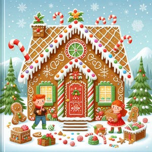 Könnte beinhalten: Eine farbenfrohe Illustration eines Lebkuchenhauses mit Zuckerstangen-Akzenten, umgeben von Weihnachtsbäumen und Schneeflocken. Zwei Kinder und Lebkuchenmänner sind zu sehen, zusammen mit verpackten Geschenken und verstreuten Süßigkeiten, die eine festliche Weihnachtsszene schaffen.