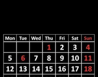 Calendario 2026 totalmente negro, imprimible en formato A4