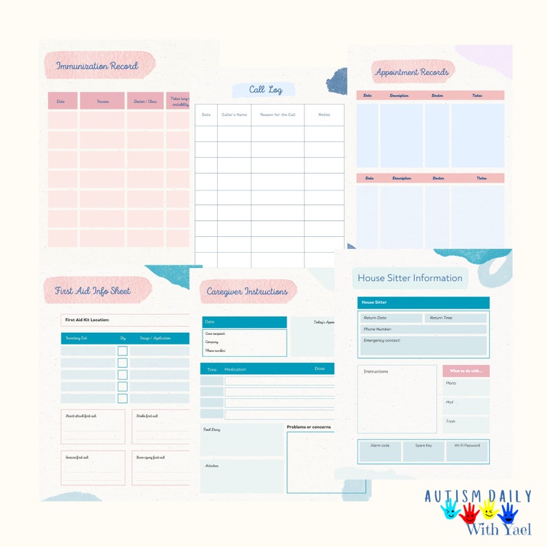 May include: Printable planner pages with pastel pink and blue watercolor designs. The pages include sections for immunization records, appointment records, call log, first aid info sheet, caregiver instructions, and house sitter information.