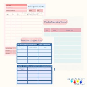 May include: A printable planner for tracking medical spending, services provided, and resources for individuals with disabilities. The planner includes sections for recording dates, amounts, descriptions, and notes. It also features a section for listing disability information, referral, and advocacy services, as well as related supports.