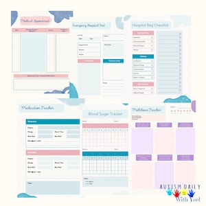 May include: A printable set of trackers and checklists for managing medical appointments, hospital visits, medication, blood sugar, and meltdowns. The pages are designed with a light blue and pink color scheme and feature a whimsical, hand-drawn style.