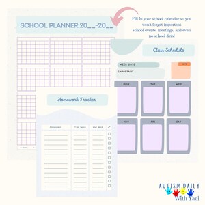 May include: A printable school planner with a light blue background and purple grid lines. The planner includes sections for a class schedule, homework tracker, and a calendar. The text "SCHOOL PLANNER 20__-20__" is at the top of the page. The text "AUTISM DAILY With Yael" is at the bottom of the page.