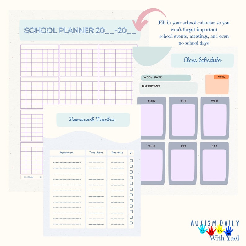 May include: A printable school planner with a light blue background and purple grid lines. The planner includes sections for a class schedule, homework tracker, and a calendar. The text "SCHOOL PLANNER 20__-20__" is at the top of the page. The text "AUTISM DAILY With Yael" is at the bottom of the page.