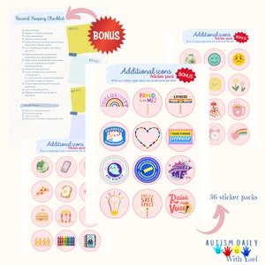 May include: A printable set of 36 sticker packs featuring colorful, illustrated icons related to autism awareness. The icons include phrases like "Inclusivity", "Proud to be Me", "Express Yourself", "Celebrate Neurodiversity", "Take Things Literally", "Uniquely Me", "This is a Safe Space", and "Raise Your Voice".