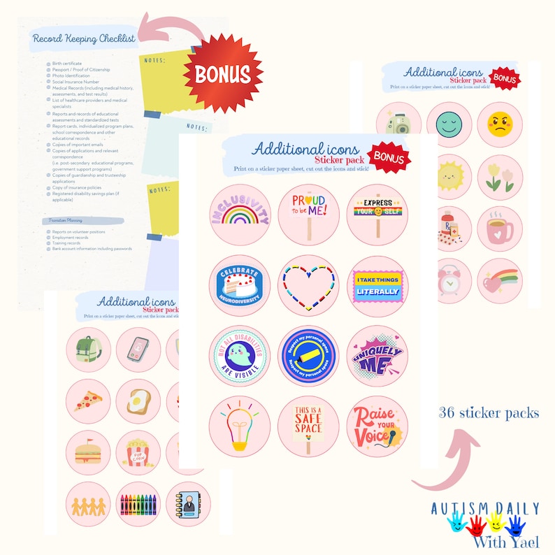 May include: A printable set of 36 sticker packs featuring colorful, illustrated icons related to autism awareness. The icons include phrases like "Inclusivity", "Proud to be Me", "Express Yourself", "Celebrate Neurodiversity", "Take Things Literally", "Uniquely Me", "This is a Safe Space", and "Raise Your Voice".