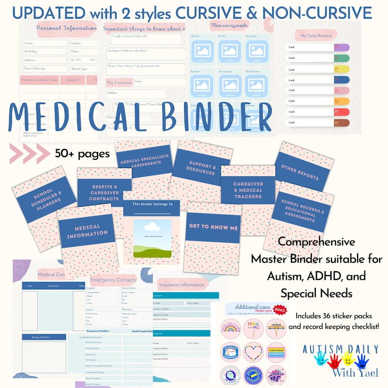 May include: A pink and blue printable medical binder with the text "MEDICAL BINDER" in large white letters. The binder is designed for children with autism, ADHD, and special needs. It includes 50+ pages with sections for medical information, school schedules, respite care, and more. The binder also includes 36 sticker packs and a record keeping checklist.