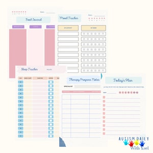 May include: A printable planner designed for people with autism. The planner includes sections for tracking food, mood, sleep, therapy progress, and daily plans. The planner has a light blue, pink, and yellow color scheme with a whimsical design.