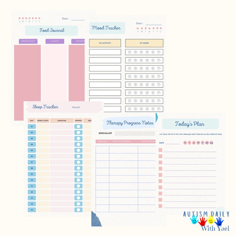 May include: A printable planner designed for people with autism. The planner includes sections for tracking food, mood, sleep, therapy progress, and daily plans. The planner has a light blue, pink, and yellow color scheme with a whimsical design.