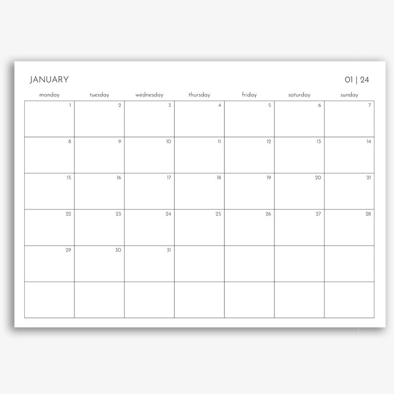 2024 Monthly Calendar A4 A3 & Letter Size Mon Sun Start Etsy