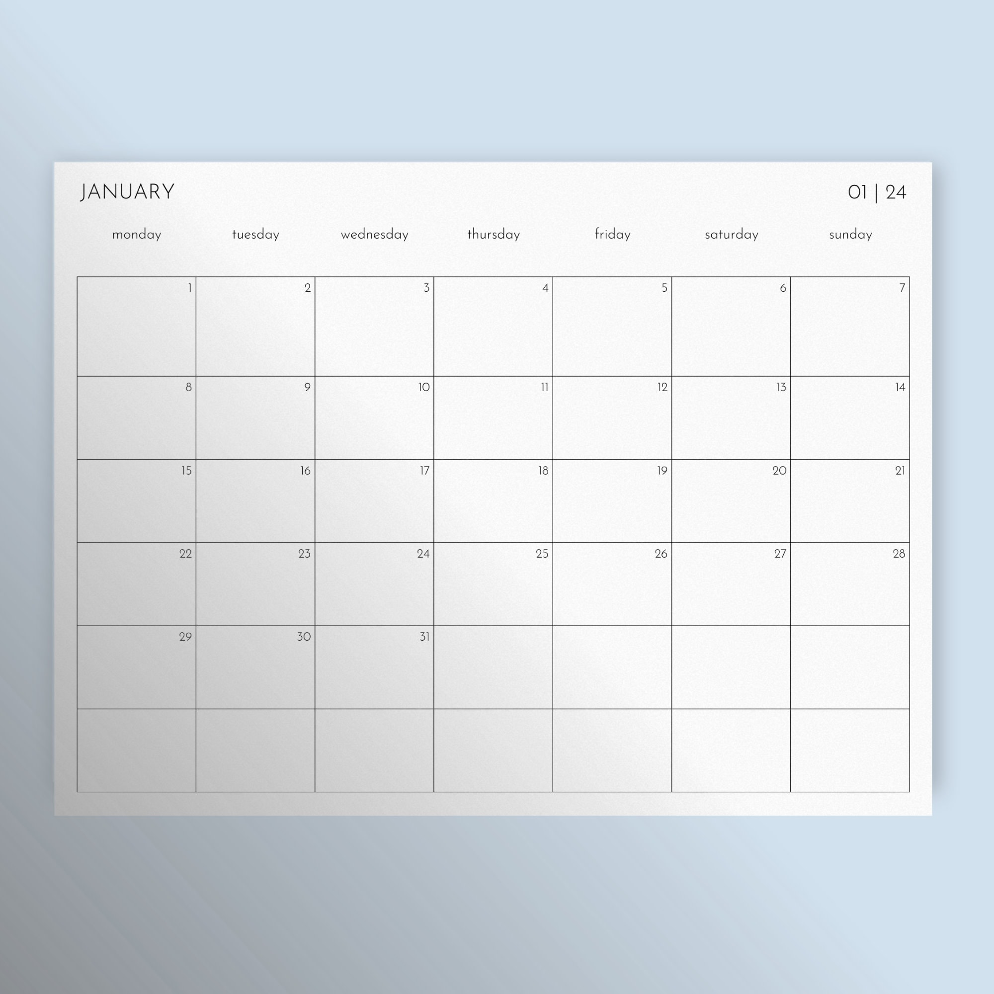 2024 A3 Monthly Calendar, Printable Minimalist Planner, Landscape PDF ...