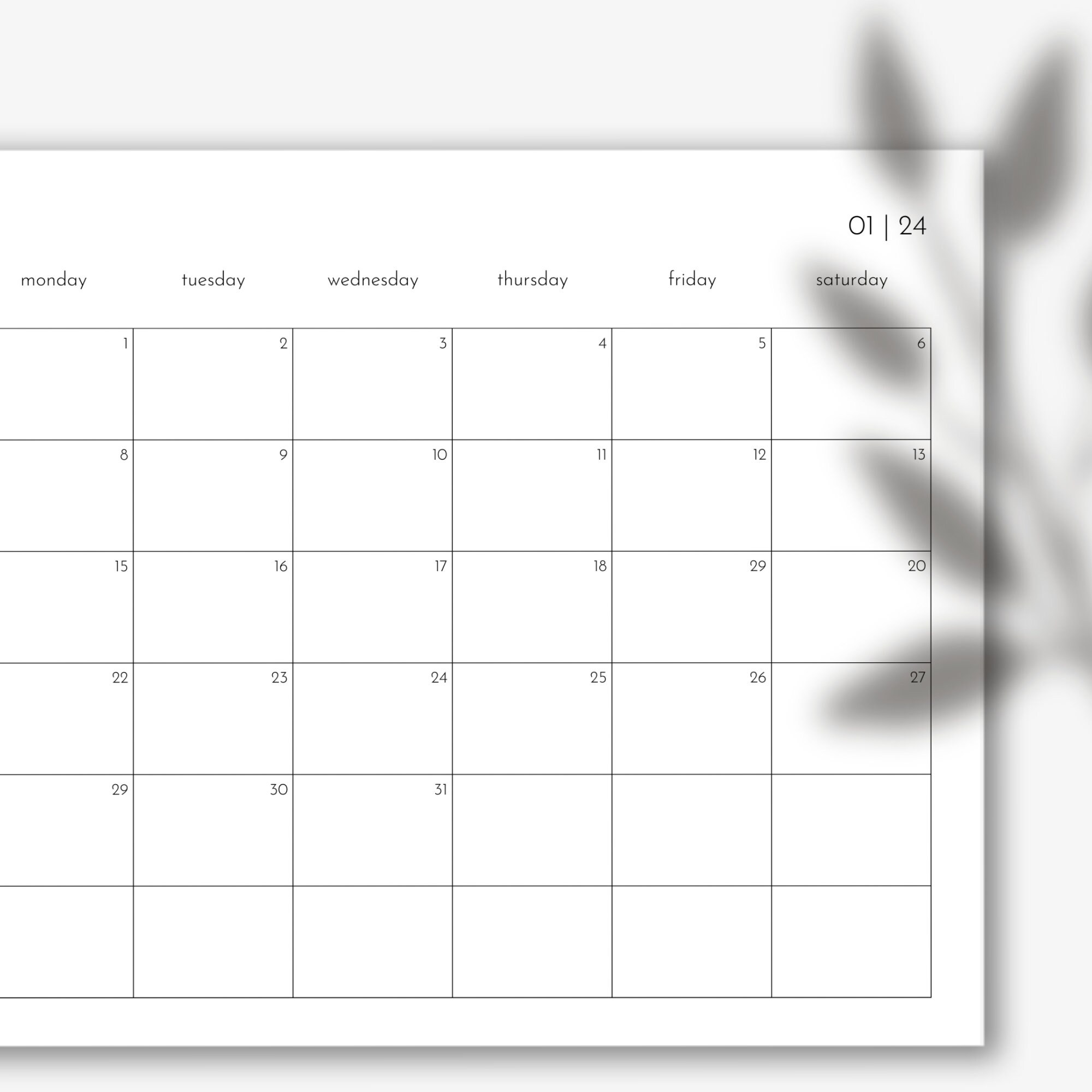 2024 A3 Monthly Calendar, Printable Minimalist Planner, Landscape PDF ...