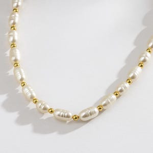 Unique handmade necklace with pearls and white stones, 18k gold-plated steel spheres, elegant and minimal artisan necklace, gift idea