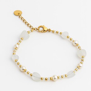 Unique Handmade Bracelet with White Stones and Beads in 18k Gold Plated Stainless Steel, Elegant Adjustable Bracelet for Women