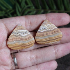 Pode incluir: Dois cabochões de ágata em forma de lágrima com um padrão em camadas de marrom, branco e amarelo. Os cabochões são lisos e polidos.
