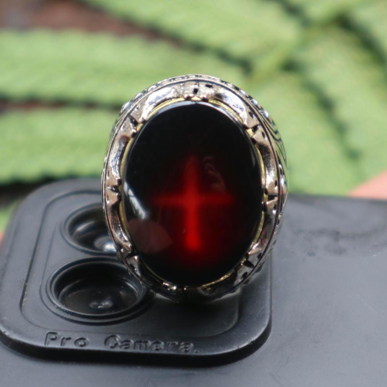 Black Agate Cross Ring: Alpaca Silver Statement Jewelry, US Size 9