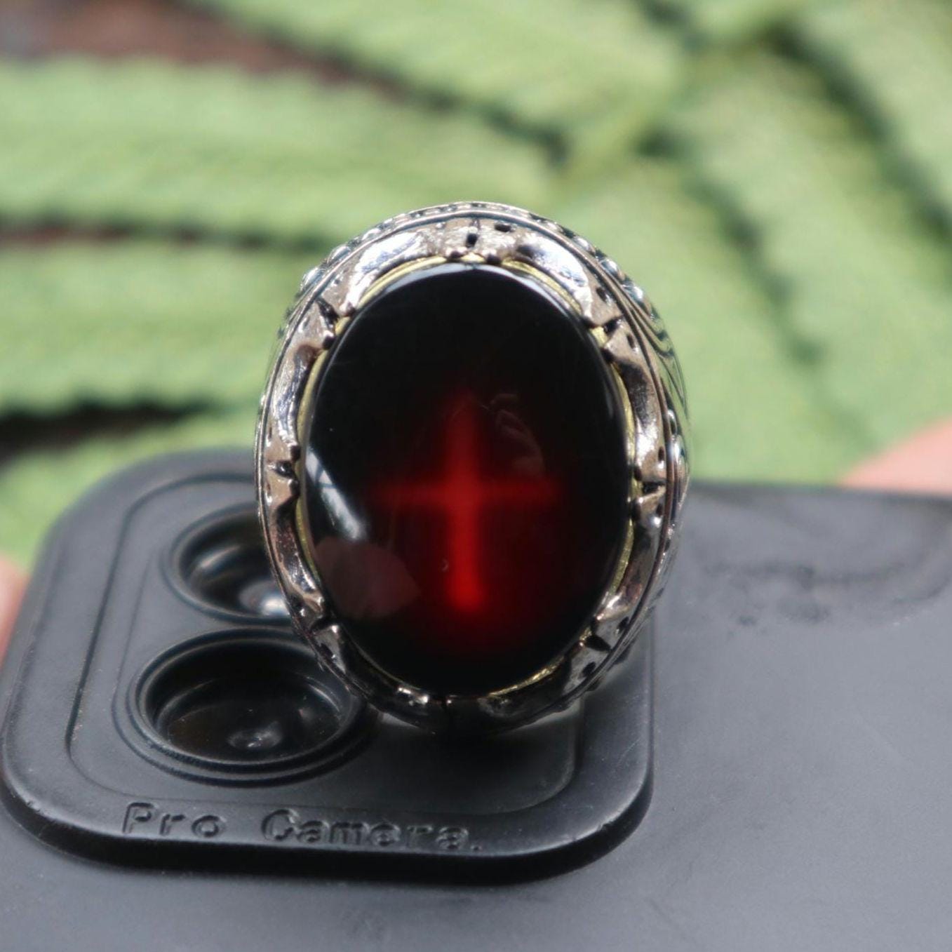 Black Agate Cross Ring: Alpaca Silver Statement Jewelry, US Size 9