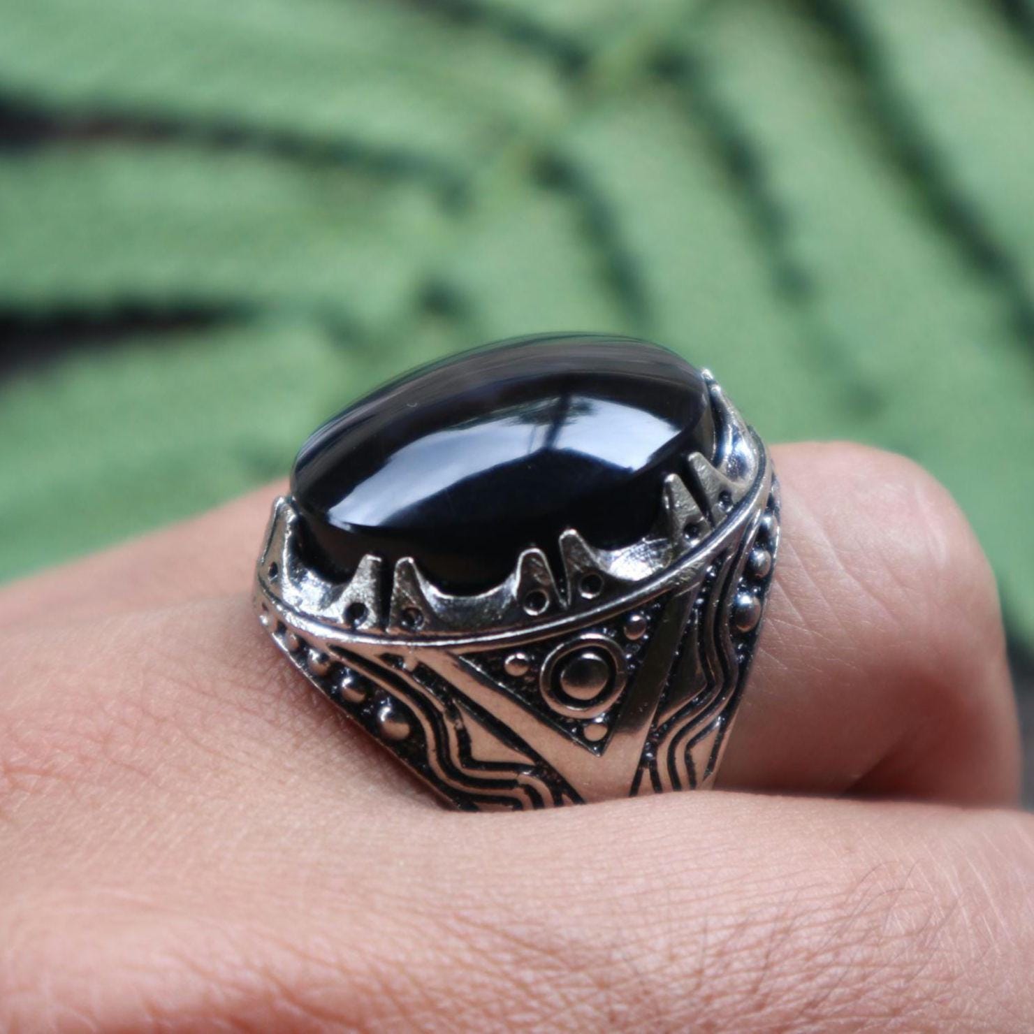Black Agate Cross Ring: Alpaca Silver Statement Jewelry, US Size 9