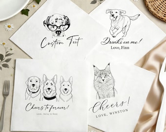 Custom Pet Wedding Cocktail Napkins, Personalized Dog or Cat Portrait Napkins, Wedding Bar Decor, 1–3 Pets