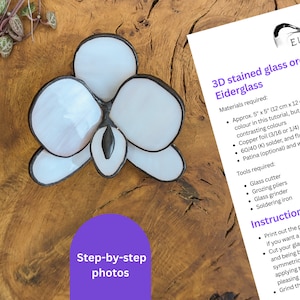 May include: A stained glass orchid pattern from Eiderglass. The pattern is for a 5 inch by 5 inch orchid. The instructions include printing the pattern, cutting the glass, grinding the glass, and soldering the pieces together.